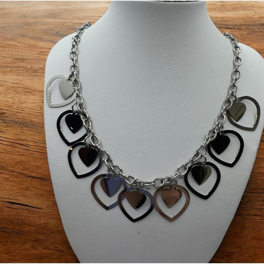 Steel by Design Adjustable Multi Heart‎ Necklace Silver Tone Milor Italy 20"